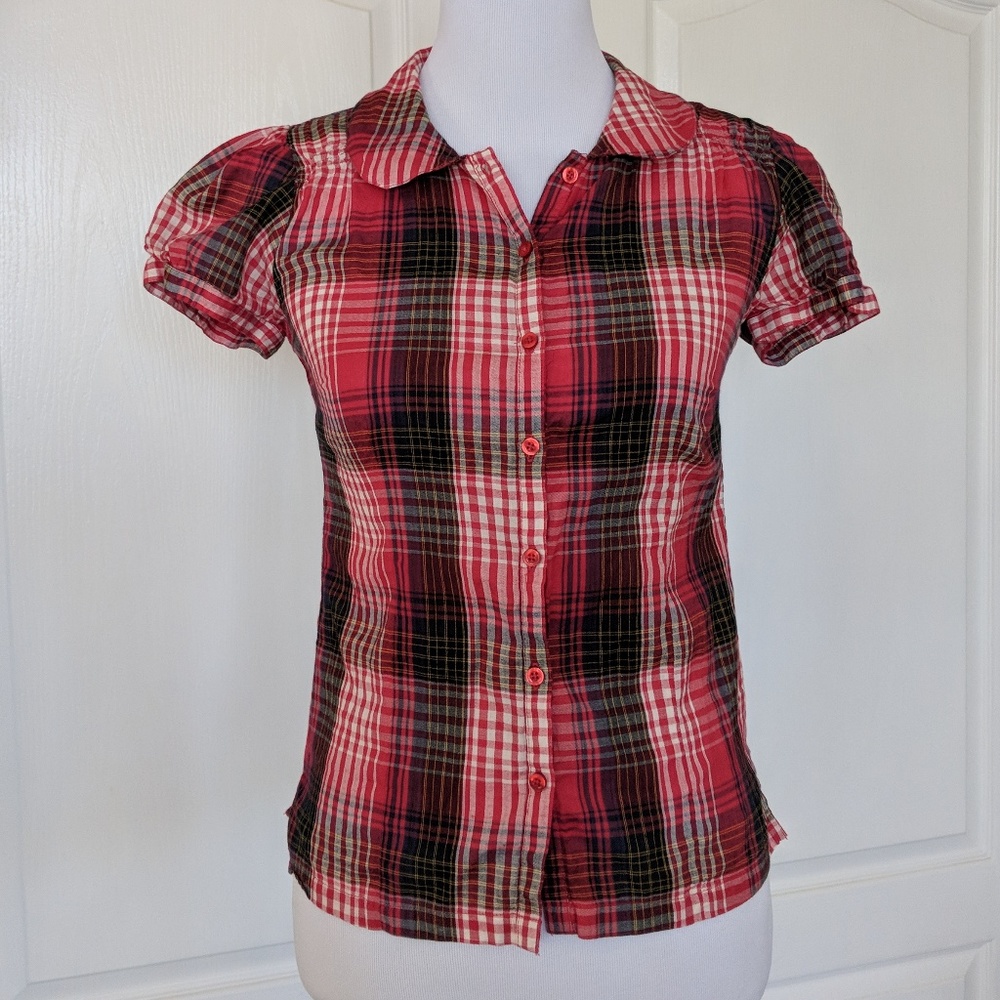 Susina Plaid Button Up Top Junior SZ Med